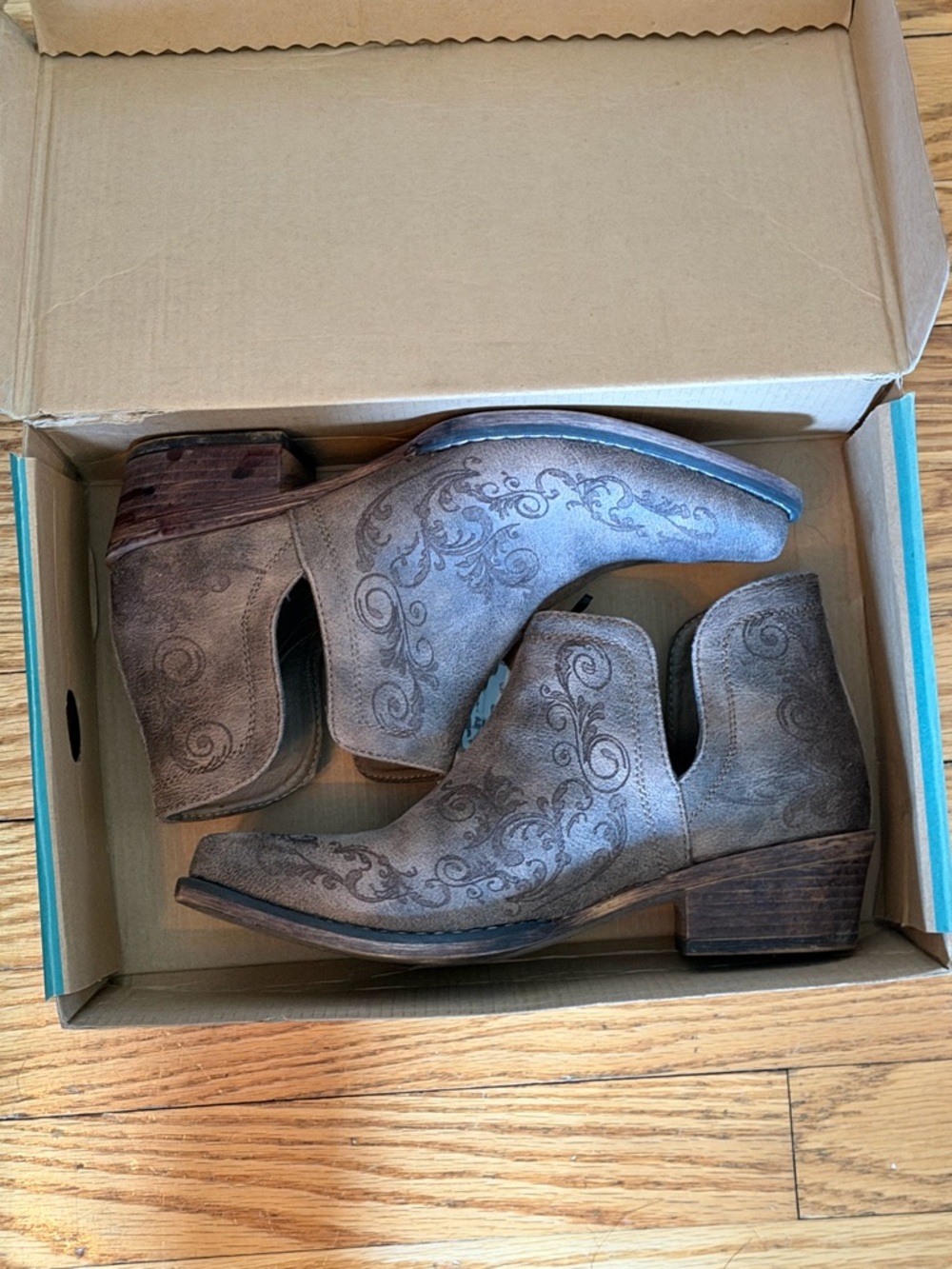 Roper Taupe Grey Distressed Leather Ankle Booties with Scroll Embossing